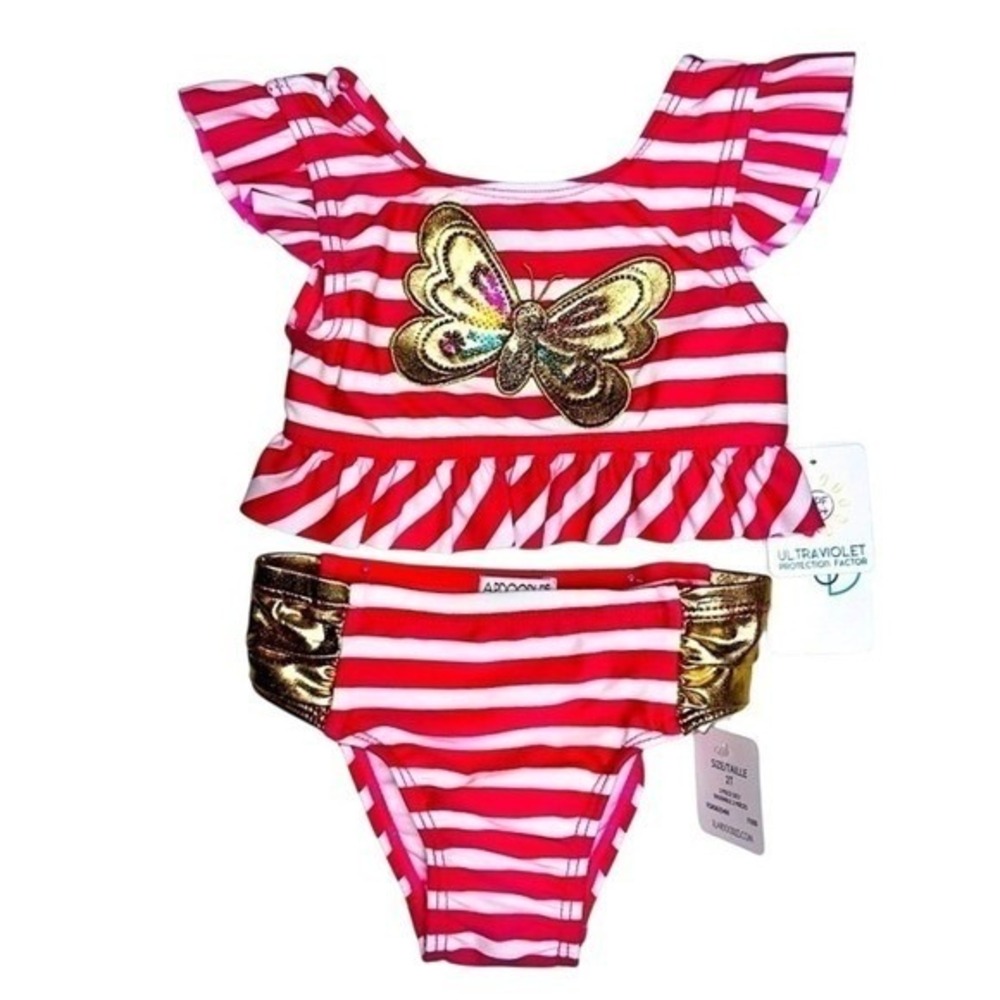 Flapdoodles 3T Girls 2 Piece Swimsuit Pink Gold‎ Sequin Butterfly NWT